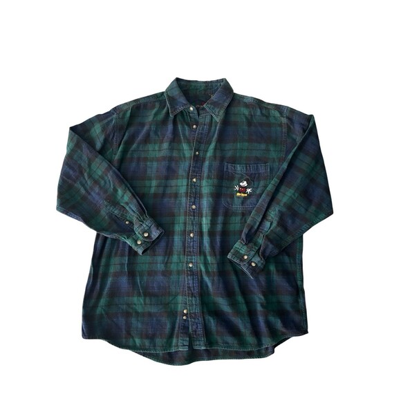 Vintage 90s Disney Mickey Flannel Shirt Men XL Blue/Green Plaid Checkered - Picture 2 of 6